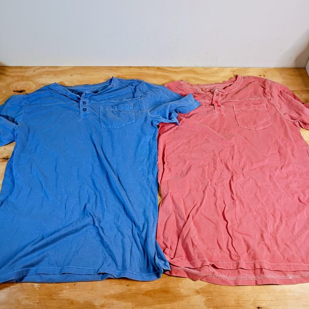 True Craft Mens XL Henley T-Shirts Lot 2 Short Sleeve Pocket Blue Pink Cotton